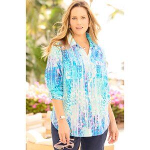 Catherines Button Up 2X Roll Tab Sleeve Blue Nautical Boho Plus Tunic
